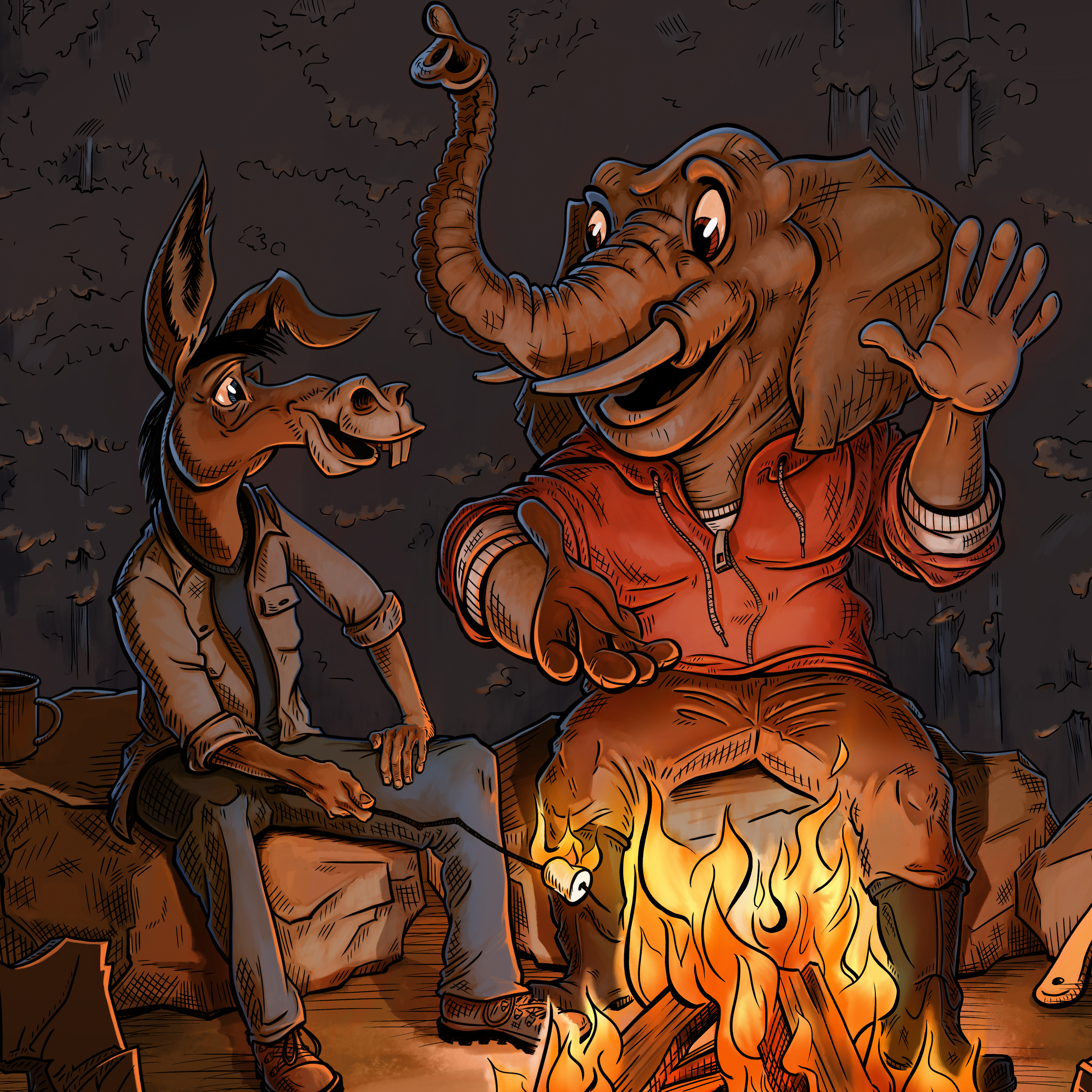 Democrat and Republican caricatures experiencing nature and outdoor activity around a campfire