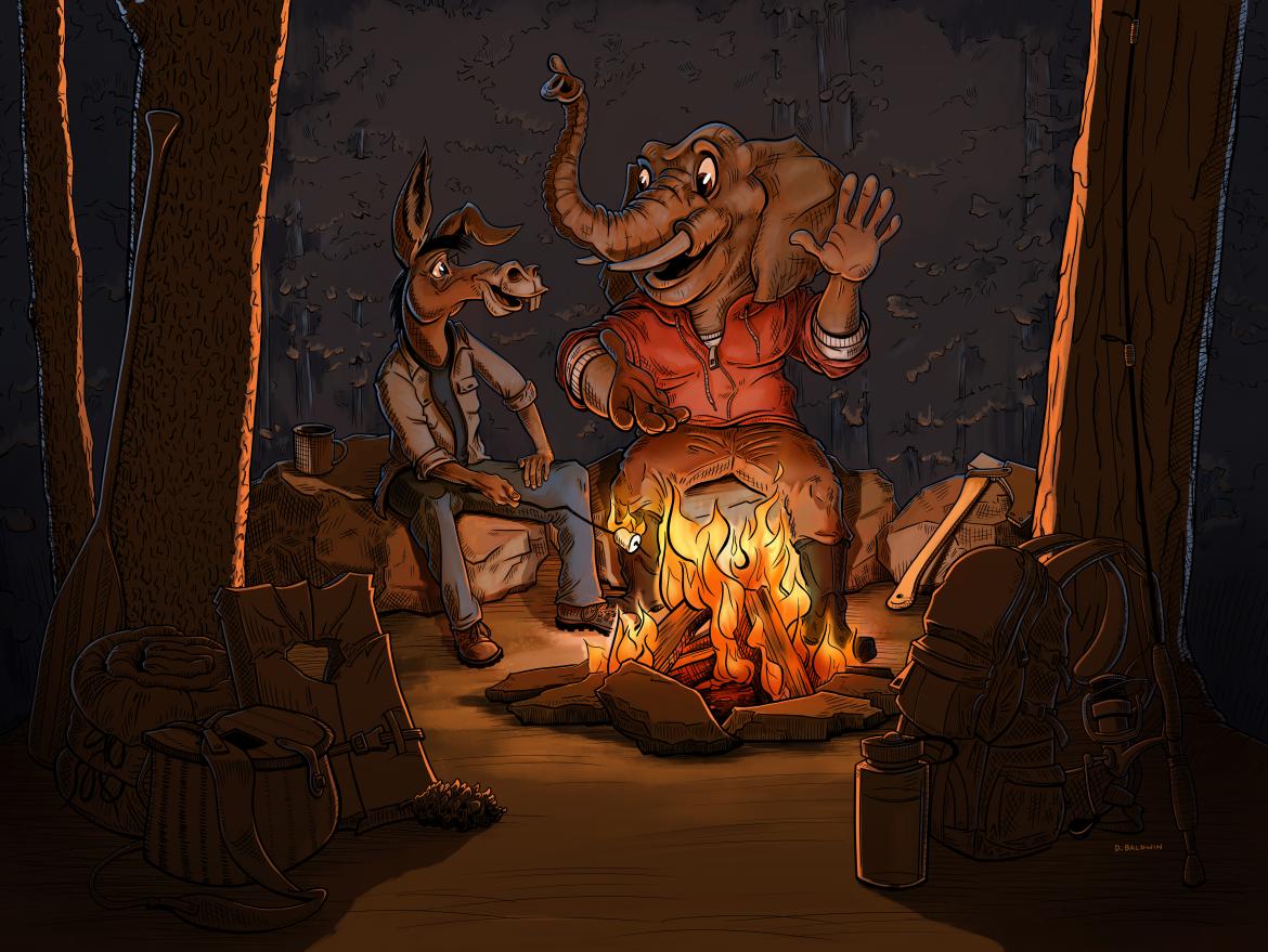 Democrat and Republican caricatures experiencing nature and outdoor activity around a campfire